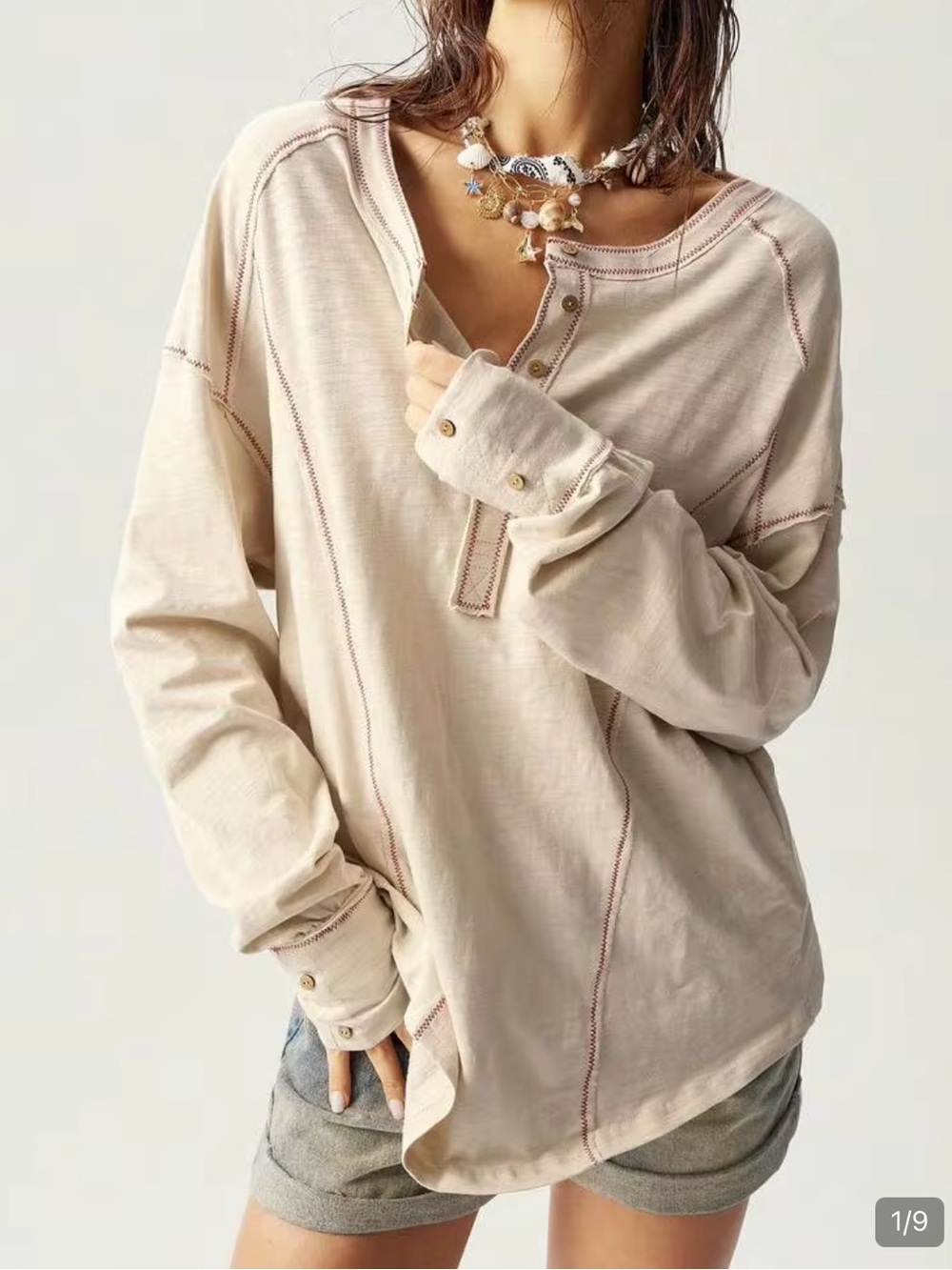 SHEIN Cream Long Sleeve Henley with Contrast Stitching